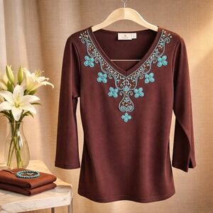 Quacker Factory‎ M T-Shirt Brown 3/4 Slv. Aqua Beading Southwestern V-Neck